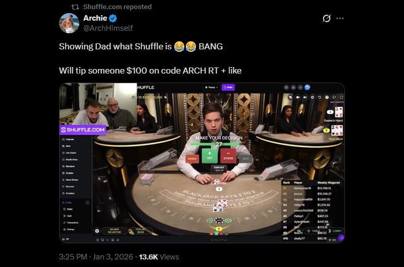 Twitter Archie x Dad on Shuffle Blackjack